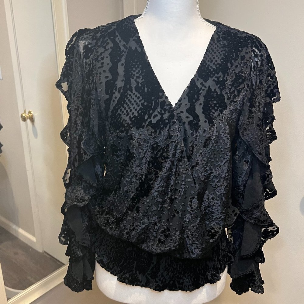 Vintage Havana Black Velvet Burnout Ruffle Blouse
